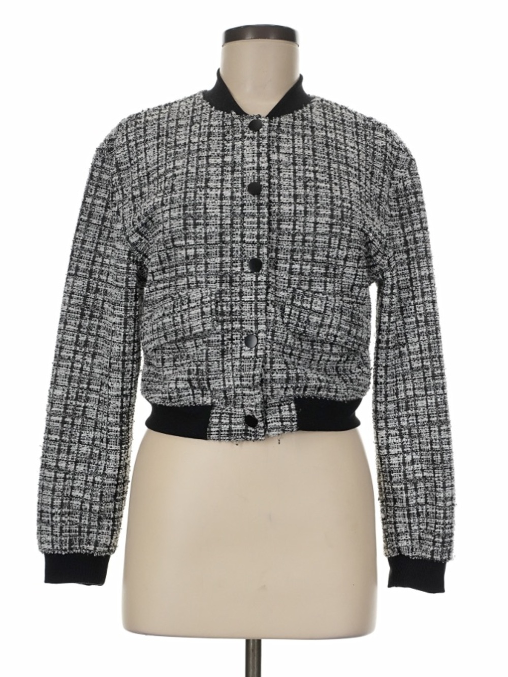 Madden NYC Tweed Button Up Black & White Bomber Jacket - Small
